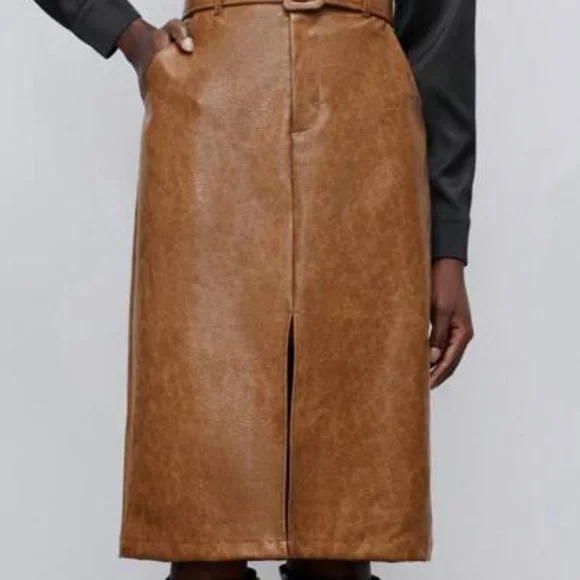 Luxe Vegan Leather Split hem Belted Midi Skirt - Picture 4 of 7